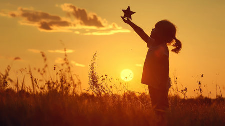 silhouette of a little child reaching out to grab stars, Expresses the ambition, The joy of a small child with dreams. Kid having fun at sunset. Summer vacation and travel concept.の素材