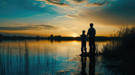 silhouette of man and teen boy fishing on the lake. Copy spaceの素材