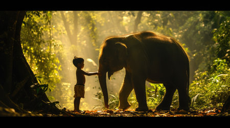 Silhouette of little boy stand and touch leg of elephant with sunlight shine through tree in forest in concept of good relationship between human and wildlife animal.の素材