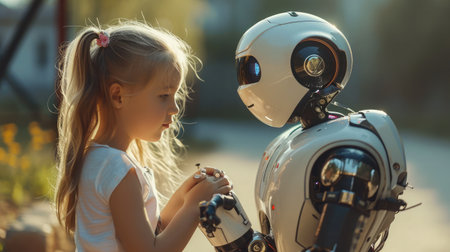 A cute girl is playing with a robot. The concept of future training.の素材