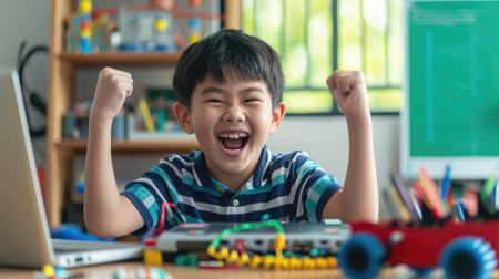 Asia home school young small kid happy smile self study online lesson excited make AI circuit toy. STEM STEAM digital scratch class on laptop screen for active children play arduino enjoy fun hobby.の素材