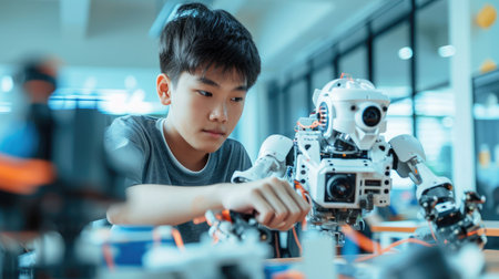 Asian teenager doing robot project in science classroom. technology of robotics programing and STEM education concept.の素材