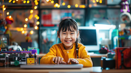 Asia home school young small kid happy smile self study online lesson excited make AI circuit toy. STEM STEAM digital scratch class on laptop screen for active children play arduino enjoy fun hobby.の素材