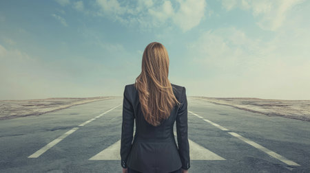 Back view of businesswoman standing on crossroads and making choiceの素材
