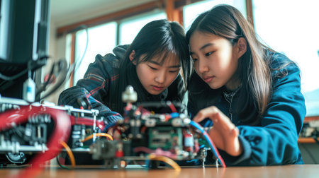 Asian girls enjoy making and fixing electrical robot car and learning online tutor training course --ar 16:9 --v 6 Job ID: 1a594bd9-8c16-4ed4-91f1-4861873497bdの素材