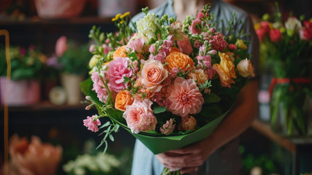 beautiful luxury bouquet of mixed flowers in woman hand. the work of the florist at a flower shopの素材