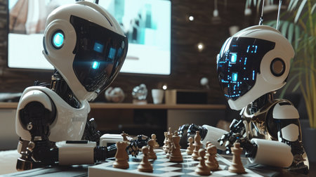 Boy mechanic looks like two robots play a game of chess in the studio in the eveningの素材