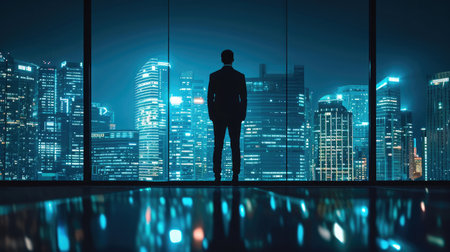 Businessman Cityscape Skyline Night Light Vision Conceptの素材