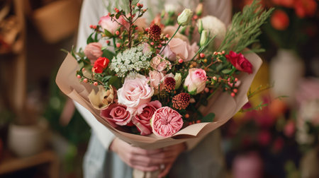beautiful luxury bouquet of mixed flowers in woman hand. the work of the florist at a flower shopの素材