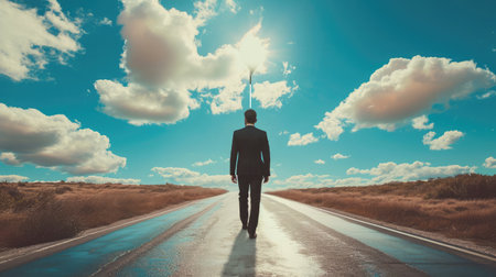 Businessman walking on highway road going up as an arrow in skyの素材