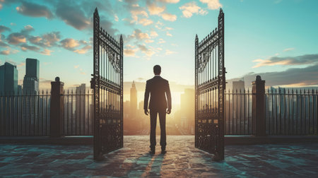 Businessman opening the gate to the cityの素材