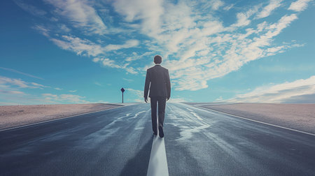 Businessman walking on highway road going up as an arrow in skyの素材