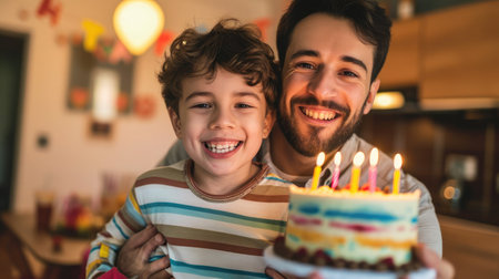Cheerful cute boy with father holding birthday cake at homeの素材