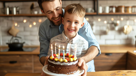 Cheerful cute boy with father holding birthday cake at homeの素材