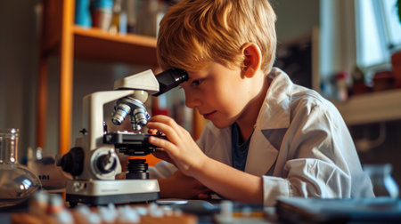 Closeup of little boy using microscope on biology lessonの素材
