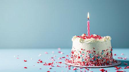 Delicious birthday cake with candle on light blue background.panoramic cover or banner concept.の素材