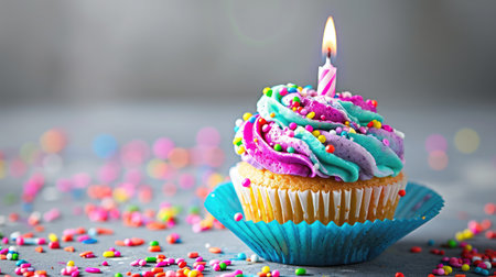 Colorful cupcake with single birthday candleの素材