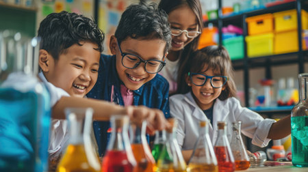 Diversity children doing a chemical experiment in laboratory at school. Portrait of happy kids at elementary school learning science chemistry with asian teacher. Fun study back to school concept.の素材