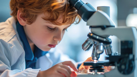 Closeup of little boy using microscope on biology lessonの素材