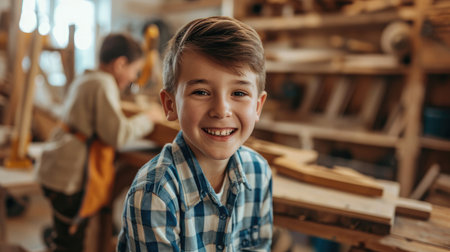 Happy smiling boys having fun in workshopの素材