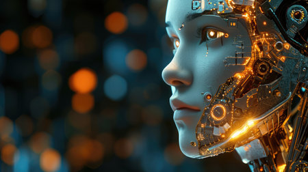 Immerse yourself in the vanguard of technological advancement with our captivating AI-robot face stock image. This meticulously crafted depiction masterfully combines the nuanced realism of humanの素材