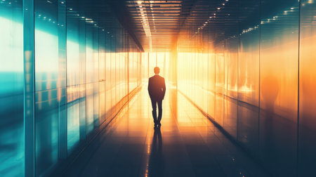Silhouette of businessman standing in office building corridor against lightの素材
