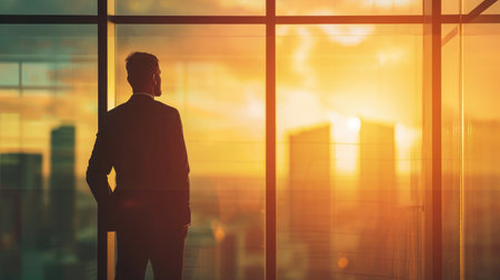 Silhouette of young intelligent man managing director resting after late business meeting while standing near big office window background with copy space for your text message or promotional contentの素材