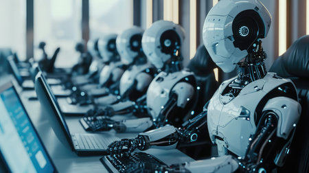 Many identical AI robots sitting at desk in the office and working with computers, one robot is looking at camera: artificial intelligence and robotization effects on employmentの素材