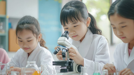 Young Asian kids wearing white scientist gown and using microscope while study and learning in science classroom with teacher. Young children education concept by experiment, fun and enjoy class.の素材