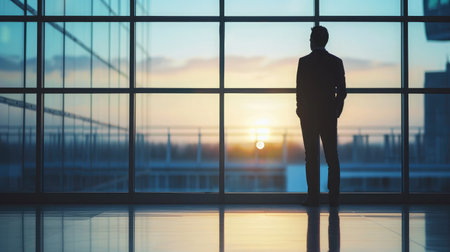 Silhouette of young intelligent man managing director resting after late business meeting while standing near big office window background with copy space for your text message or promotional contentの素材