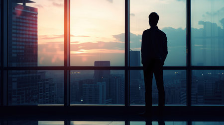 Silhouette of young intelligent man managing director resting after late business meeting while standing near big office window background with copy space for your text message or promotional contentの素材