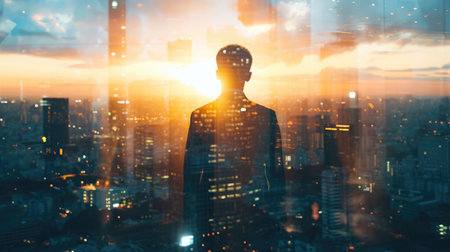 The double exposure image of the business man standing back during sunrise overlay with cityscape image. The concept of modern life, business, city life and internet of thingsの素材