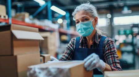 Older mature female online store small business owner worker wearing face mask packing package scanning postal drop shipping ecommerce retail order in box preparing delivery parcel in stock warehouse.の素材