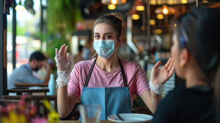Waitress in apron and medical mask making welcoming gesture when inviting pretty young womanの素材