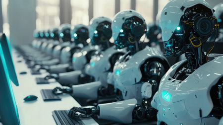 Many identical AI robots sitting at desk in the office and working with computers, one robot is looking at camera: artificial intelligence and robotization effects on employmentの素材