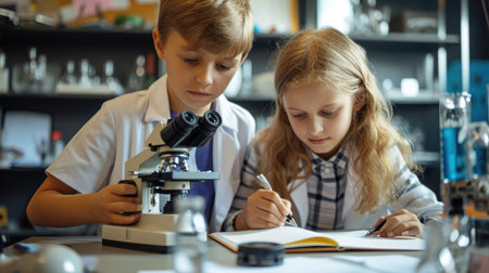 Two kids students using microscope writing on notebook at laboratory classroomの素材