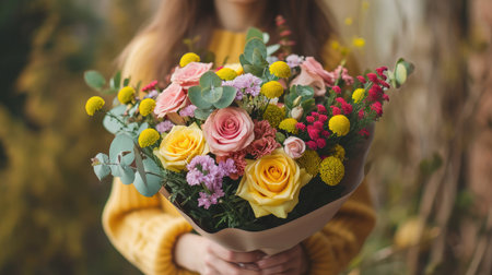 Very nice young woman holding big and beautiful bouquet of fresh roses, carnations, genista, eucalyptus, flowers in yellow, pink and purple colors, cropped photo, bouquet close upの素材