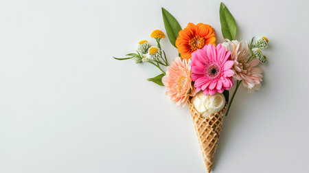 Ice cream cone with colorful flowers on white background. Flat lay. Minimal summer concept.の素材