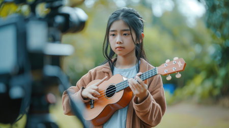 Asian teenage girl look at camera filming her self and playing ukulele guitarの素材