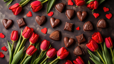 Valentines Day background with chocolates, hearts and red tulipsの素材