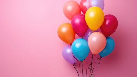 Bunch of bright balloons on pink background, space for text. --ar 16:9 --v 6 Job ID: d5226d10-d4c6-40fb-bd40-8e6d7889217bの素材