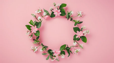 Wreath made of beautiful flowers and green leaves on pale pink background, flat lay. Space for textの素材