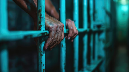 close up of prisoner hands in jail background.の素材