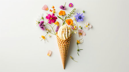 Ice cream cone with colorful flowers on white background. Flat lay. Minimal summer concept.の素材