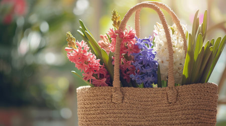 Beautiful straw bag with seasonal flowers of hyacinth and carnation blossomの素材