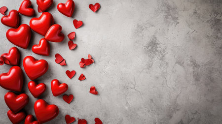 Valentine day background with red hearts, top view . copy spaceの素材