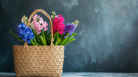 Beautiful straw bag with seasonal flowers of hyacinth and carnation blossomの素材
