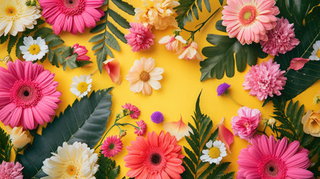 Creative layout made of flowers and leaves. Flat lay. Nature concept. Floral Greeting card. Colorful spring flower background, space for text. Nature Trendy Decorative Design.の素材