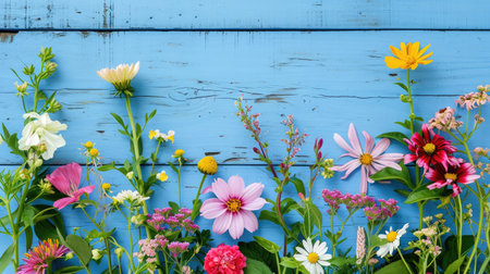 Garden flowers over blue wooden table background. Backdrop with copy spaceの素材
