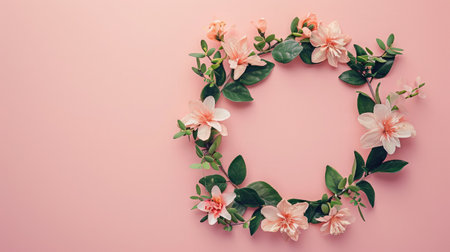 Wreath made of beautiful flowers and green leaves on pale pink background, flat lay. Space for textの素材